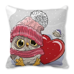 Christmas cushion cover featuring a cartoon owl with red heart on snowy background