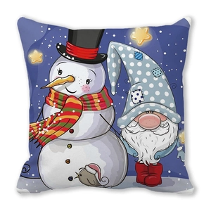 Detail of square cushion cover with festive snowman and gnome cartoon illustration