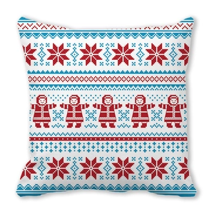 Macro view of Christmas peach skin cushion with Nordic snowflake and knitted pattern