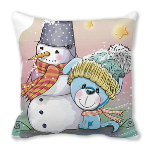 Detailed view of Christmas pillow showing cute snowman and blue dog on soft peach skin fabric