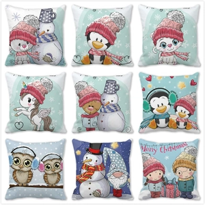 Christmas Cartoon Animal Pillowcase Peach Skin Velvet Winter Owl Cat Print Decorative Cushion Cover For Sofa Bed Home