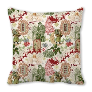 Vintage Christmas throw pillow cover featuring Santa, reindeer and angel on peach skin fabric