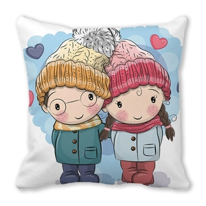 Cartoon boy and girl on a square white peach skin cushion for Christmas home decor