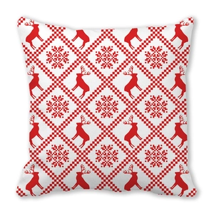 Christmas reindeer and snowflake pattern throw pillow with red and white Nordic design