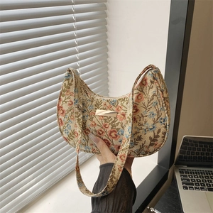 Vintage Jacquard Floral Hobo Shoulder Bag For Women PU Material Retro Flower Print Large Capacity Underarm Handbag Shopping Bag