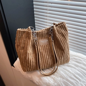 Large Capacity Corduroy Tote Bag For Women Vintage Shoulder Bag With Chain Strap Retro Casual Travel Commute Handbag