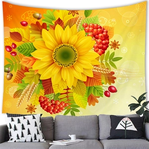 Watercolor sunflower tapestry with autumn leaves and berries for home wall decoration