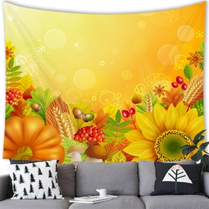 Detail showing a sunflower and pumpkin harvest tapestry hung over a modern sofa