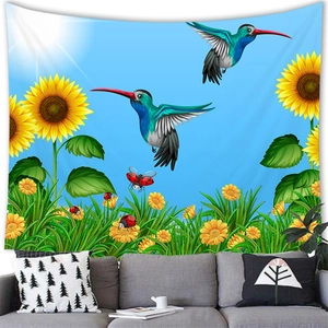 Detail of vibrant watercolor sunflower tapestry hanging above a sofa in a modern living room