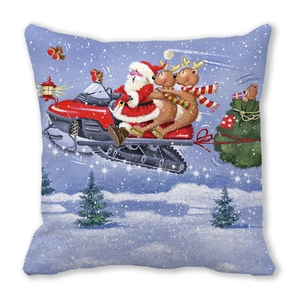 Christmas peach skin pillowcase with Santa driving a red snowmobile and reindeer design