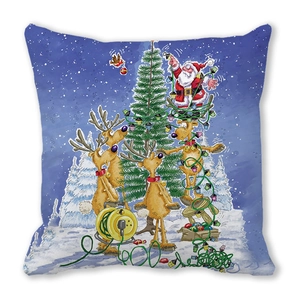 Detailed close-up of Merry Christmas peach skin pillow cover with Santa and reindeer
