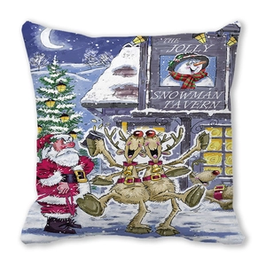 Detailed view of hand-drawn Christmas pillowcase featuring Santa and reindeer illustration