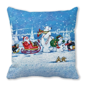 Detailed view of Christmas pillowcase with hand-drawn polar bear and Santa Claus graphics