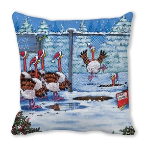 Detail of Christmas pillow cover with cartoon turkey farm illustration on peach skin fabric
