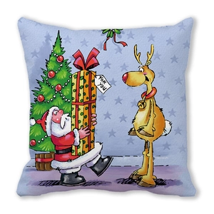Close-up of sky blue Christmas pillow case with Santa, reindeer and gift illustrations