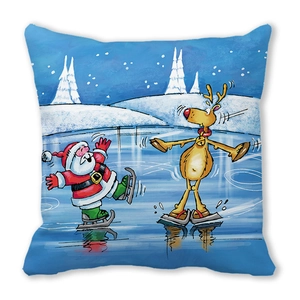 Detail of Christmas peach skin pillow featuring skating Santa Claus and reindeer graphics