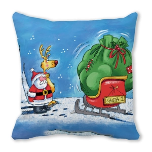 Detail of Christmas peach skin cushion cover with Santa and reindeer on a sleigh
