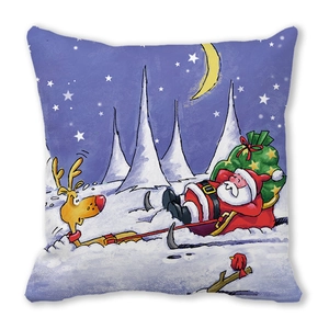 Detail of Christmas pillowcase with cartoon Santa Claus and reindeer on blue sky