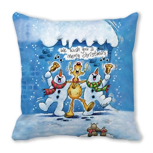 Merry Christmas peach skin square throw pillow cover featuring festive deer and snowman motifs