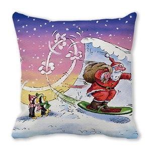 Close-up of square Christmas pillow with skiing Santa Claus and penguins illustration