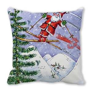 Detail of Christmas pillowcase featuring a cartoon Santa Claus skiing on soft fabric