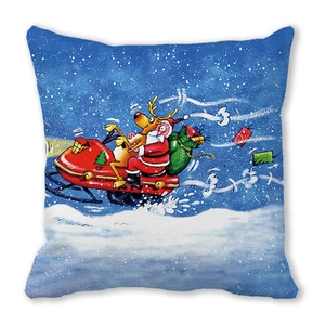 Christmas pillow with Santa Claus and reindeer on a snowmobile against a blue background