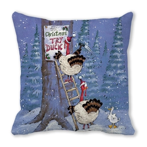 Detail of Christmas cushion cover with funny turkey illustration on peach skin fabric