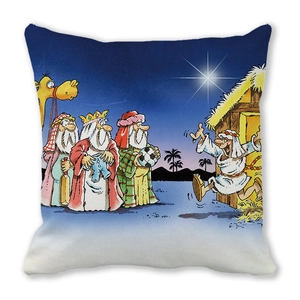 Detailed close-up of Christmas peach skin cushion with Three Wise Men cartoon illustration