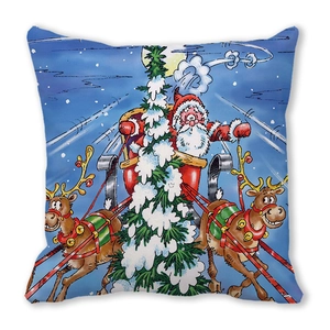 Christmas cushion cover featuring Santa Claus in a reindeer sleigh over a snowy pine forest