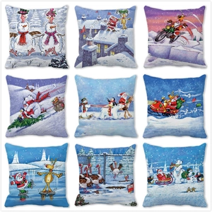 Merry Christmas Peach Skin Cushion Cover Santa Claus Reindeer Snowman Cartoon Print Festive Throw Pillowcase For Home Decor