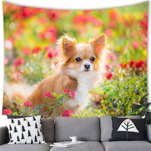Chihuahua pet dog tapestry wall hanging in red flowers above a grey sofa décor