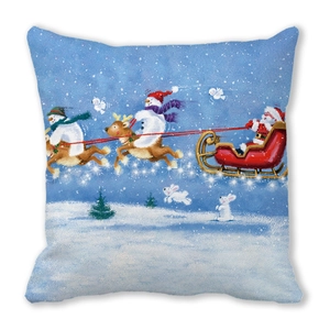 Detailed view of Merry Christmas print on square peach skin pillowcase with Santa and reindeer
