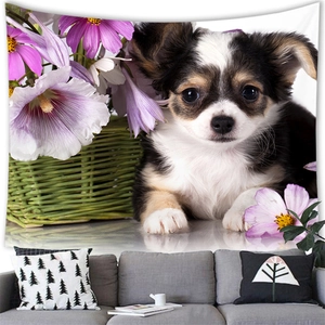Watercolor long-haired chihuahua dog and purple flowers tapestry wall hanging for home decor