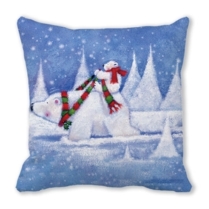 Detail showing hand-drawn polar bears on a cozy peach skin Christmas throw pillow