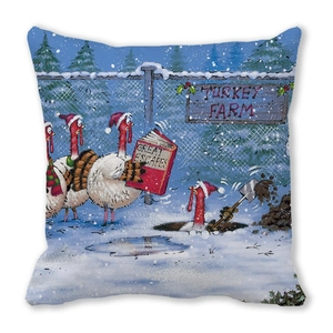 Detail of Christmas pillowcase with humorous turkey farm escape cartoon illustration