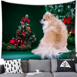 Pomeranian dog Christmas wall tapestry with ornaments for festive home wall decoration