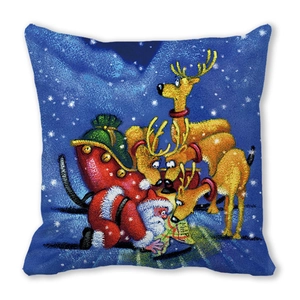 Macro detail of Christmas pillowcase texture featuring Santa Claus and reindeer graphics