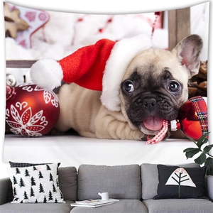 Detail of Christmas tapestry featuring a French Bulldog puppy hanging above a sofa