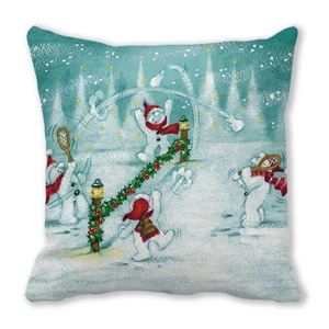 Detail of Christmas pillowcase showing five cute snowmen playing tennis on peach skin fabric