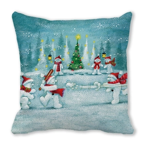 Detailed view of Christmas pillow showing snowmen playing baseball around a tree