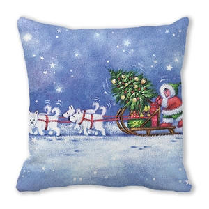 Detailed view of Merry Christmas throw pillow featuring sled dog and tree on peach skin fabric