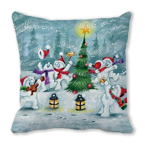 Detail of Christmas throw pillow with hand-drawn snowmen and festive tree illustration
