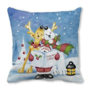 Close-up of peach skin fabric texture on square Christmas pillow with festive cartoon print