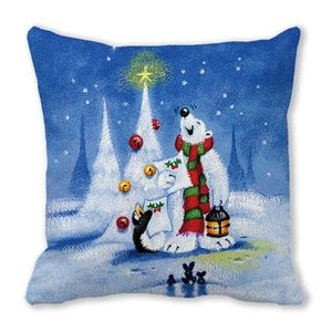 Blue Merry Christmas throw pillow featuring polar bear, penguin and lit tree on soft fabric