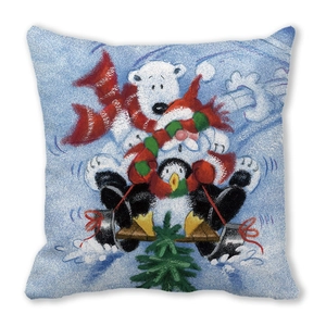 Christmas peach skin pillow case with polar bear and penguin on a sled for sofa decor