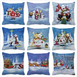 Merry Christmas Square Cushion Cover Peach Skin Fabric Cartoon Santa Reindeer Snowman Illustration For Sofa Home Decor
