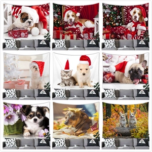 Watercolor Dog Pet Tapestry Polyester Wall Hanging Home Decor Living Room Bedroom Christmas Cute Animal Pattern