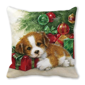 Détail de la housse de coussin de Noël avec motif chien sur tissu peau de pêche
