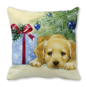 Détail de la housse de coussin Noël avec chiot golden retriever et boîte cadeau