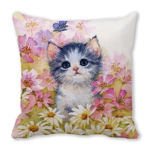 Détail du coussin carré avec motif aquarelle haute définition de chat et de fleurs